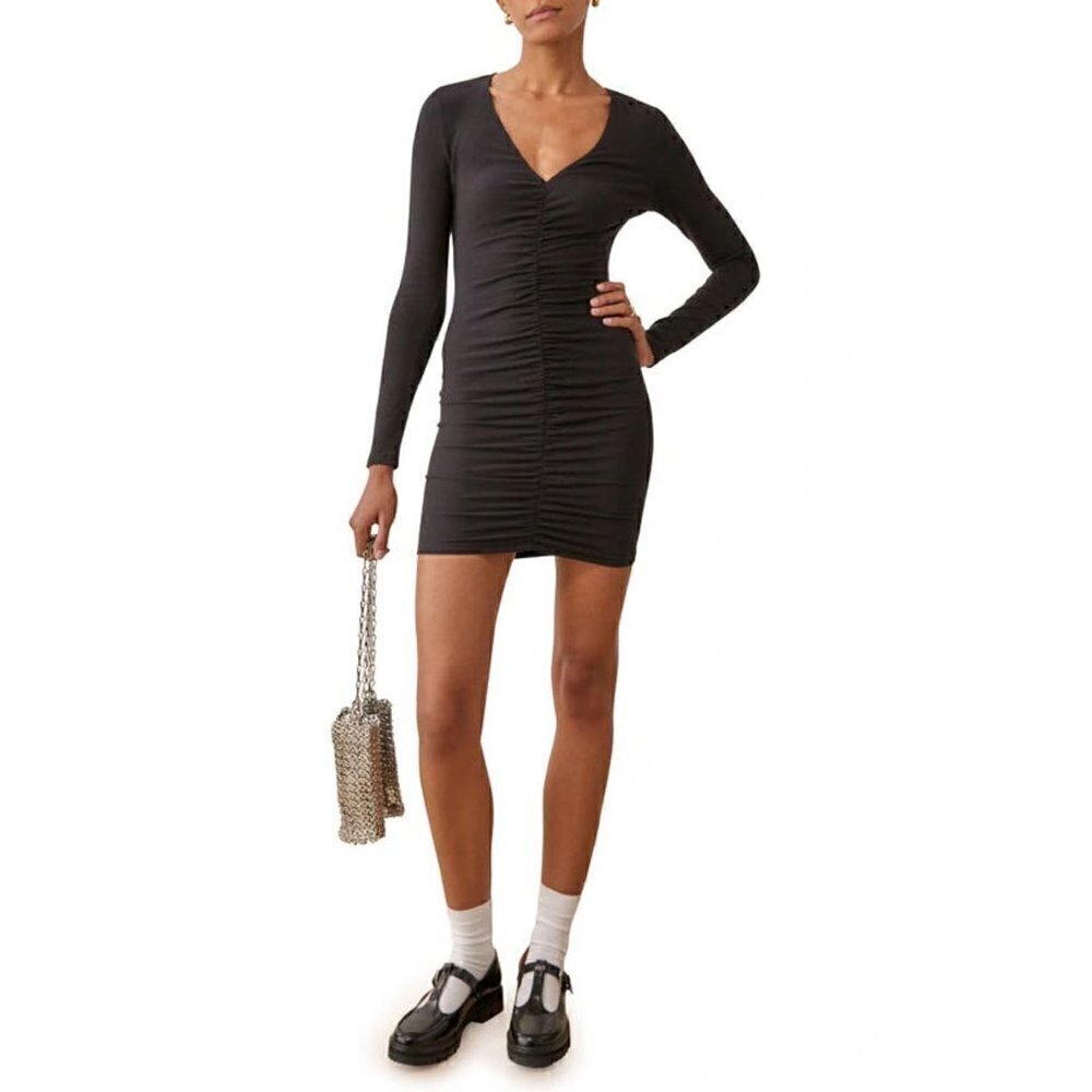 REFORMATION Cally Dress Long Sleeve Mini Knit in Black Size Medium